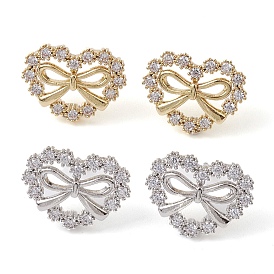 Heart with Bowknot Brass Stud Earrings, with Clear Cubic Zirconia, Long-Lasting Plated, Lead Free & Cadmium Free