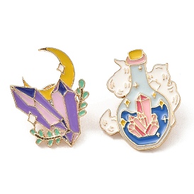 Cristal con alfileres de esmalte de luna/botella, insignia de aleación de oro claro para ropa de mochila
