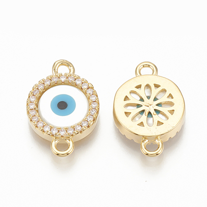 Brass Micro Pave Cubic Zirconia Links, with Shell, Flat Round with Evil Eye, Nickel Free