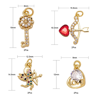 8Pcs 4 Style Brass Pendants, with Micro Pave Clear Cubic Zirconia and Jump Rings, Cupid/Cherub Arrow & Cupid/Cherub & Key with Flower & Heart & Word Love, for Valentine's day