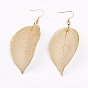 Brass Plated Natural Leaf Dangle Earrings, with 304 Stainless Steel Earring Hooks