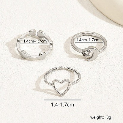 3Pcs 3 Style Cubic Zirconia Open Cuff Rings Sets, Moon & Heart Brass Stackable Rings