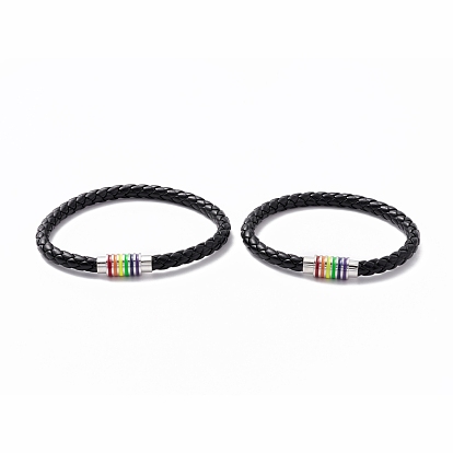 Rainbow Pride Bracelet, PU Leather Braided Cord Bracelet with Enamel Magnetic Clasps for Men Women