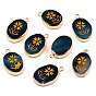 Natural Agate Pendants, with Light Gold Plated Brass Edge & Iorn Loops, Gold Powder, Dyed & Heated, Oval with Flower Charm