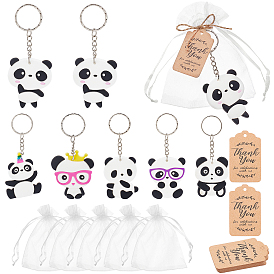 Porte-clés panda en plastique pvc olycraft, avec les accessoires en fer de platine, panda, et étiquettes en papier kraft