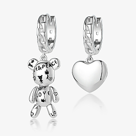 925 Sterling Silver Dangle Earrings, Bear & Heart Hoop Earring for Women