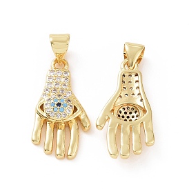 Brass Micro Pave Cubic Zirconia Pendants, Hand with Evil Eye Charm
