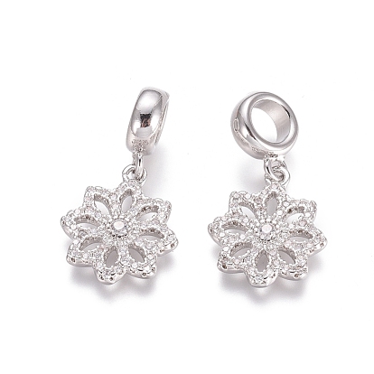 Brass Micro Pave Cubic Zirconia European Dangle Charms, Large Hole Pendants, Flower, Clear