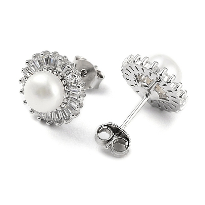 Pendientes de flor de circonita cúbica con perlas naturales., 925 aretes de plata esterlina para mujer