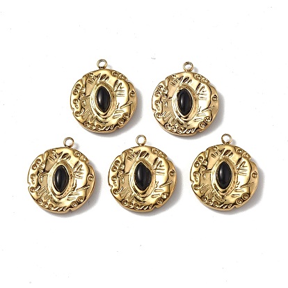 Vacuum Plating 201 Stainless Steel Natural Black Agate Pendants, Real 18K Gold Plated, Flat Round with Horse Eye Charms