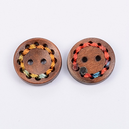 Round Painted 2-Hole Buttons with Colorful Thread , Wooden Buttons