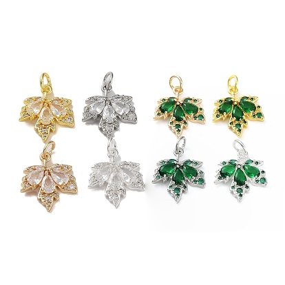 Rack Plating Brass Clear Cubic Zirconia Pendants, Long-Lasting Plated, Cadmium Free & Lead Free, with Jump Rings, Leaf