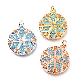 Brass Micro Pave Colorful Cubic Zirconia Pendants, Long-Lasting Plated, with Jump Ring, Flat Round with Flower