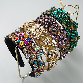 Baroque Style Vintage Glass Rhinestone Headband for Women, Shiny and Colorful Hair Accessories with Wide Brim.