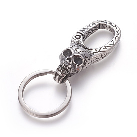 304 Stainless Steel Split Key Rings, Keychain Clasp Findings, Skull