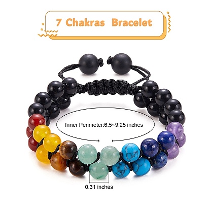 Round Natural Mixed Gemstone Braided Bead Bracelet, Double Layer 7 Chakra Adjustable Bracelet for Women