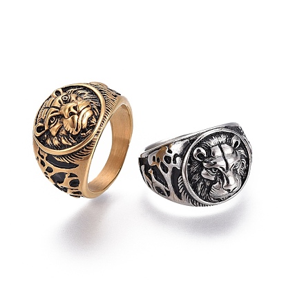 304 anillos de sello de acero inoxidable para hombres, anillos de dedo de ancho de banda, plano y redondo con león