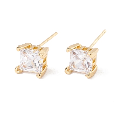 Clear Cubic Zirconia Square Stud Earrings, Brass Jewelry for Women, Lead Free & Cadmium Free