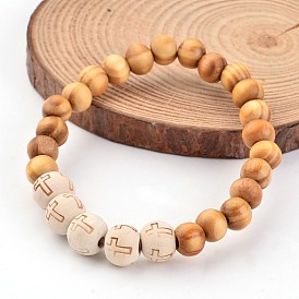 Bois croix bracelets en perles extensibles, 57mm
