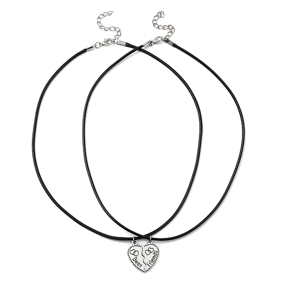 2 piezas 2 conjunto de collares con colgante a juego de corazón dividido de aleación de estilo, Collares palabra mejores amigos con cordones de polipiel.