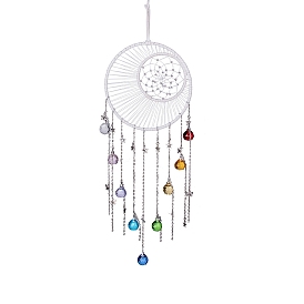 Glass Teardrop Pendant Decorations, Woven Web/Net with Feather for Home Outdoor Garden Hanging Decorations