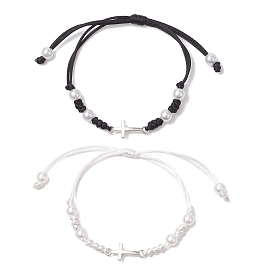 2шт. браслеты из сплава с крестообразными звеньями, вощеные нейлоновые регулируемые браслеты для парной дружбы, с абс пластиковой имитации жемчужина круглые бусины