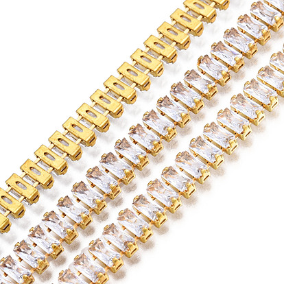 Rectángulo circonitas cúbicas cadenas strass, cadenas de eslabones de latón chapado en oro, soldada, con carrete