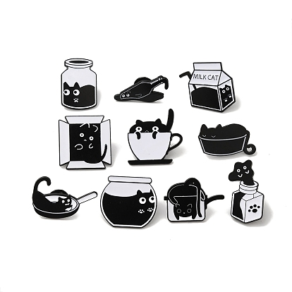 Chat liquide avec épingles en émail bouteille/boîte/casserole, badge en alliage noir pour vêtements de sac à dos