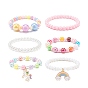 6Pcs Acrylic Beaded Stretch Bracelets Sets, Kid Bracelets for Girls, with Alloy Enamel Pendants, ABS Plastic Imitation Pearl Beads and Elastic Crystal Thread