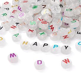 150pcs perles acryliques lumineuses, trou horizontal, plat rond avec des lettres mélangées aléatoires