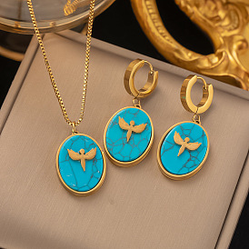 Retro Turquoise and Dove Pendant Titanium Steel Necklace Set for Women