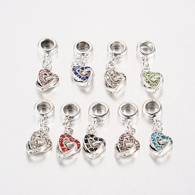 Heart Antique Silver Plated Alloy Rhinestone European Dangle Charms Large Hole Pendants, 27x9x4.5mm, Hole: 5mm