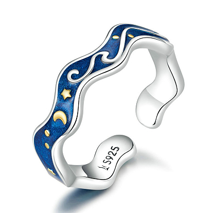 Rhodium Plated Sterling Silver Wave Open Cuff Ring, Enamel Moon and Star Ring for Women