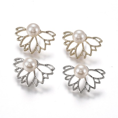 Alloy Stud Earrings, Front Back Stud Earrings, with Plastic Imitation Pearl Beads and Ear Nuts, Flower