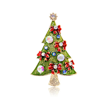 Christmas Tree Enamel Pin with Rhinestone, Golden Alloy Brooch for Backpack Clothes
