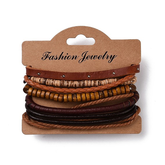 Bracelets multi-brins, bracelets empilables, de simili cuir, cordon en coton ciré, perle en bois, corde de chanvre et de noix de coco