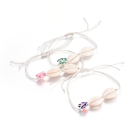 Cordon de coton ciré chinois bracelets de perles tressées, avec des perles de plumeria en pâte polymère et des perles de coquillage faites à la main