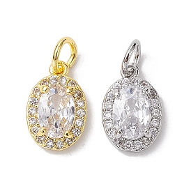 Brass Micro Pave Clear Cubic Zirconia Charms, with Jump Ring, Oval