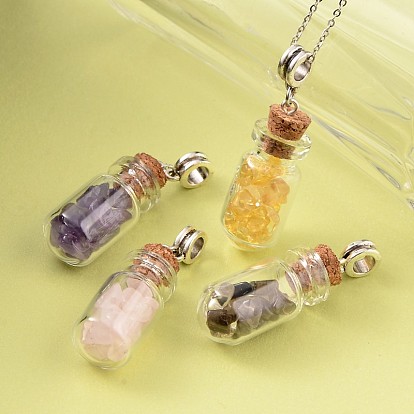 Cute Design Glass Wishing Bottle Antique Silver Tone Alloy Gemstone Pendants, with Wooden Bungs, 47x34.5mm, Hole: 4.5mm