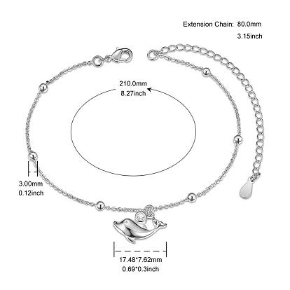 SHEGRACE Brass Charm Anklets, with Grade AAA Cubic Zirconia, Cable Chains and Round Beads, Dolphin