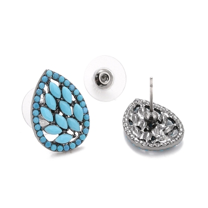 Bohemian Synthetic Turquoise Teardrop Stud Earrings, Alloy Jewelry for Women, Gunmetal