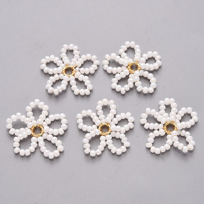 Pendentifs de perles de rocaille en verre, avec les accessoires en laiton de tonalité d'or, fleur