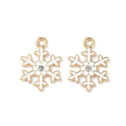 Alloy Enamel Pendants, with Rhinestone, Snowflake Charm, Light Gold