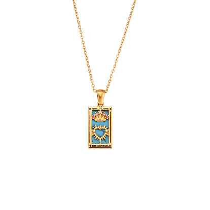 Rhinestone Tarot Card Pendant Necklace with Enamel, Stainless Steel Jewelry for Women
