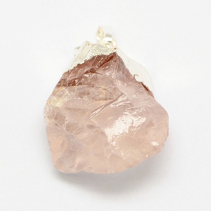 Естественно ободок сырой грубый камень розового кварца подвески, с посеребренными латунными выводами, нерегулярные самородки, 25~55x21~40x10~35 мм, отверстие : 8x4 мм