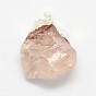 Lunette naturel pierre précieuse brute brut a augmenté pendentifs en quartz, avec des résultats en laiton plaqué couleur argent, pépites irrégulières, 25~55x21~40x10~35mm, Trou: 8x4mm