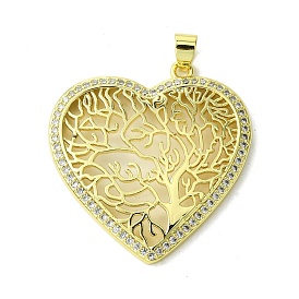Eco-Friendly Brass Micro Pave Cubic Zirconia Pendants,  Long-Lasting Plated, Real 18K Gold Plated, Cadmium Free & Lead Free, Heart with Tree