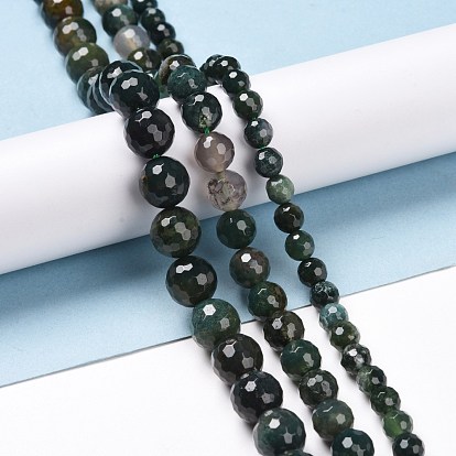 Natural Moss Agate Beads Strands, Faceted(128 Facets), Round