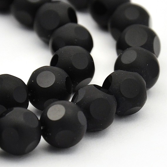 Brins de perles rondes en verre noir dépoli