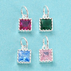 925 Sterling Silver Charms, with Cubic Zirconia, Faceted Square, Silver